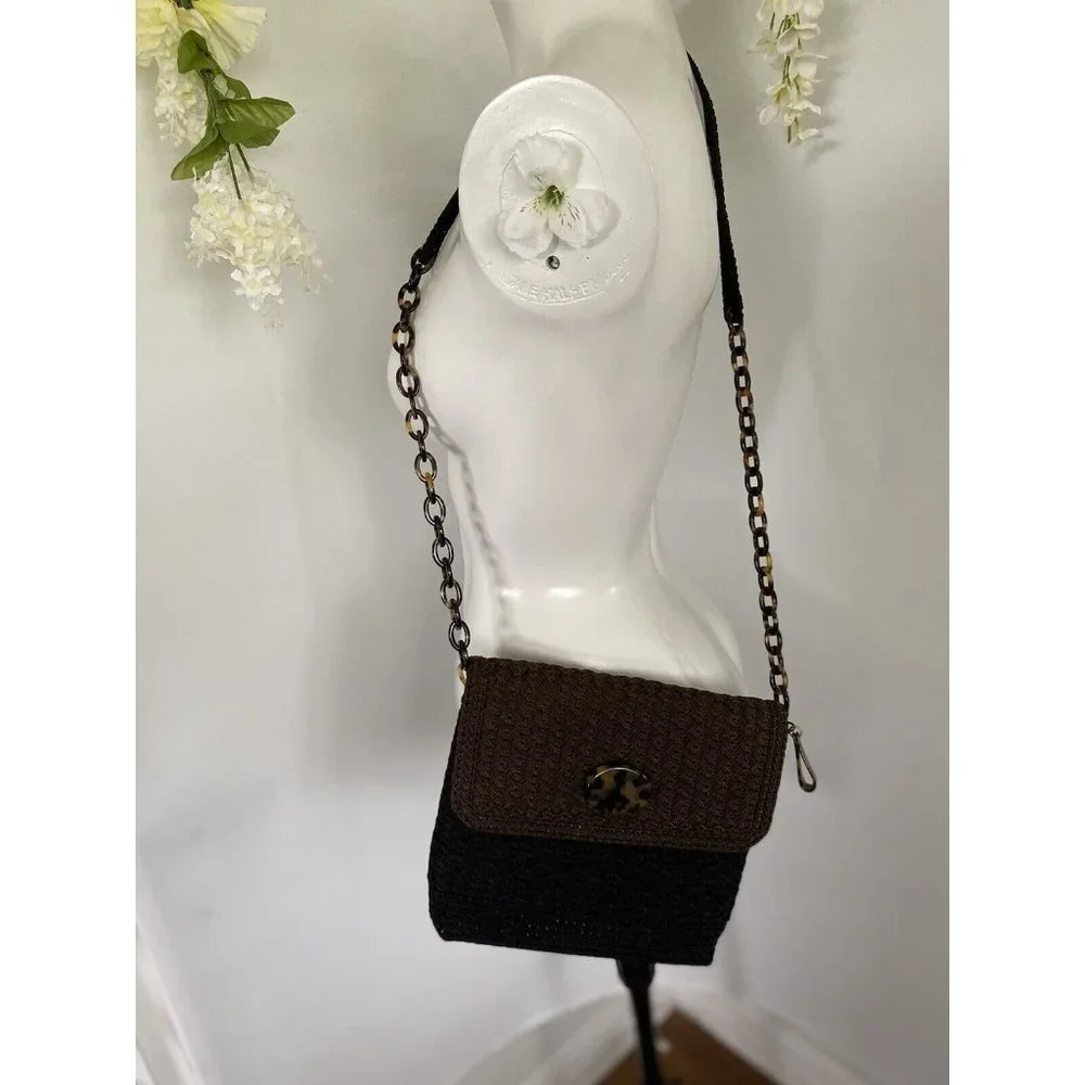 Christian Livingston Black Crochet Bag w Faux Tortoise Chain Strap Cross Body‎